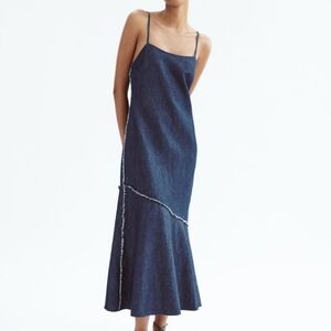 Zara Blue Demin Blend Cotton Linen Midi Round Neck Spaghetti Straps Frayed Trim